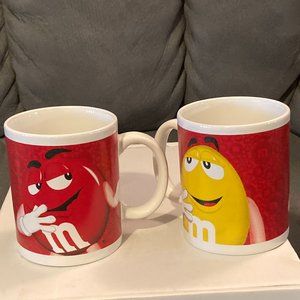 2014 M&M Ceramic Coffee Mugs (2)-Yellow and Red-12oz-4" High-Dishwasher Safe-EUC